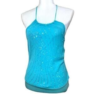 Y2K Vixen Halter Sheer Sequined Baby Blue Top Size Medium Pop Festival Flirty‎